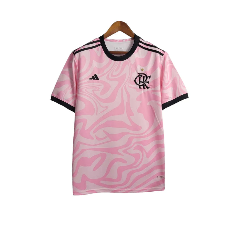 Camisa Flamengo 23/24 Torcedor Adidas Masculina - Rosa com detalhes em preto