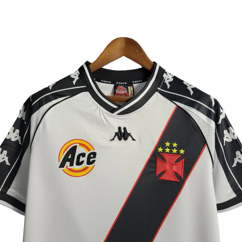 Camisa Vasco da Gama I Retrô 2000 - Kappa Torcedor Masculina - Branca com a faixa em preto e detalhes em amarelo e vermelho