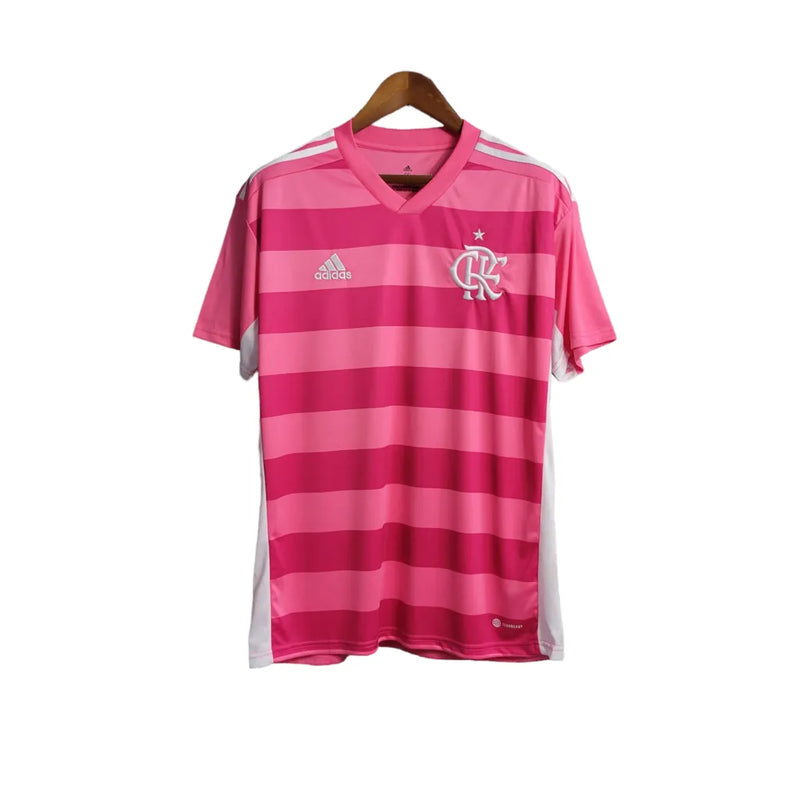 Camisa Flamengo Retrô Outubro Rosa 2022 Torcedor Masculina - Rosa em 2 tons e o simbolo em branco