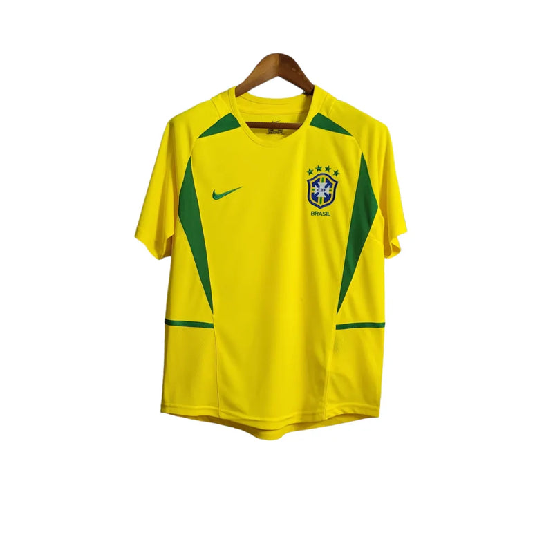 Camisa Seleção Brasileira Retrô I 2002 Nike Torcedor Masculina -Amarela com detalhes em verde