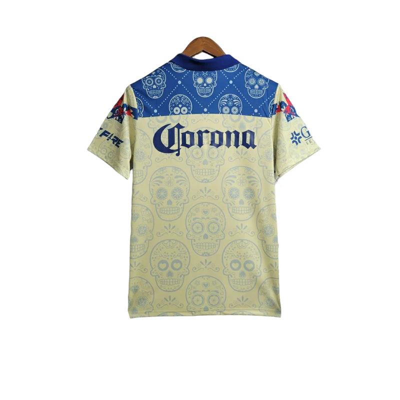 Camisa América do México Edição Especial Dia dos mortos 23/24 - Torcedor Nike Masculina - Detalhamento com caveiras em azul e amarelo