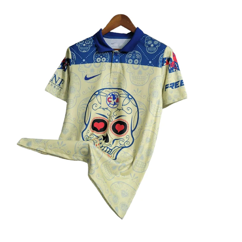 Camisa América do México Edição Especial Dia dos mortos 23/24 - Torcedor Nike Masculina - Detalhamento com caveiras em azul e amarelo