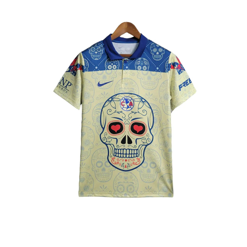 Camisa América do México Edição Especial Dia dos mortos 23/24 - Torcedor Nike Masculina - Detalhamento com caveiras em azul e amarelo