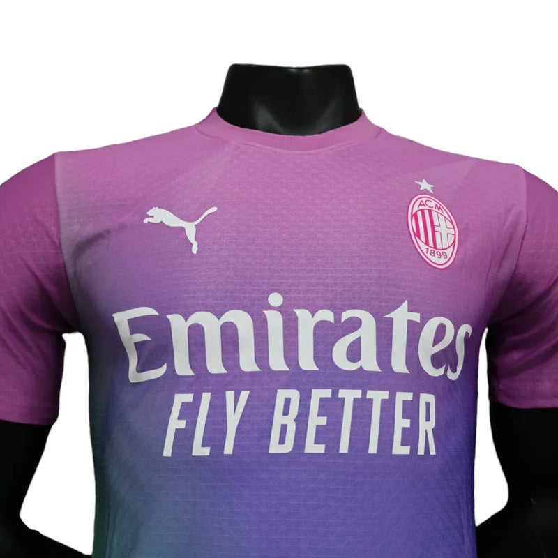 Camisa AC Milan III 23/24 - Jogador Puma Masculina - Rosa com detalhes em roxo e verde