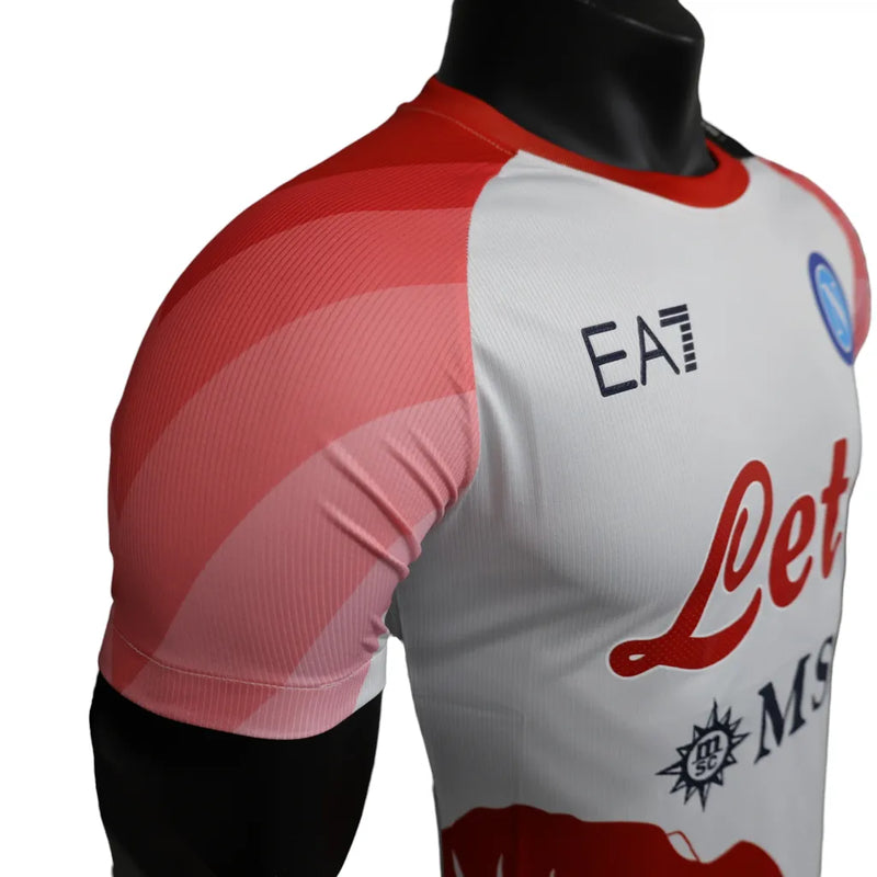 Camisa Napoli Edição Especial dia dos namorados 23/24 - Jogador EA7 Masculina - Branca com detalhes em vermelho