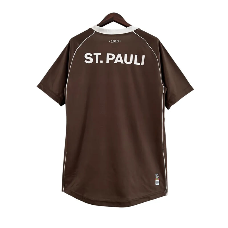 Camisa FC St Pauli I 23/24 - Torcedor Diiy Masculina - Marrom com detalhes em vermelhos e branco