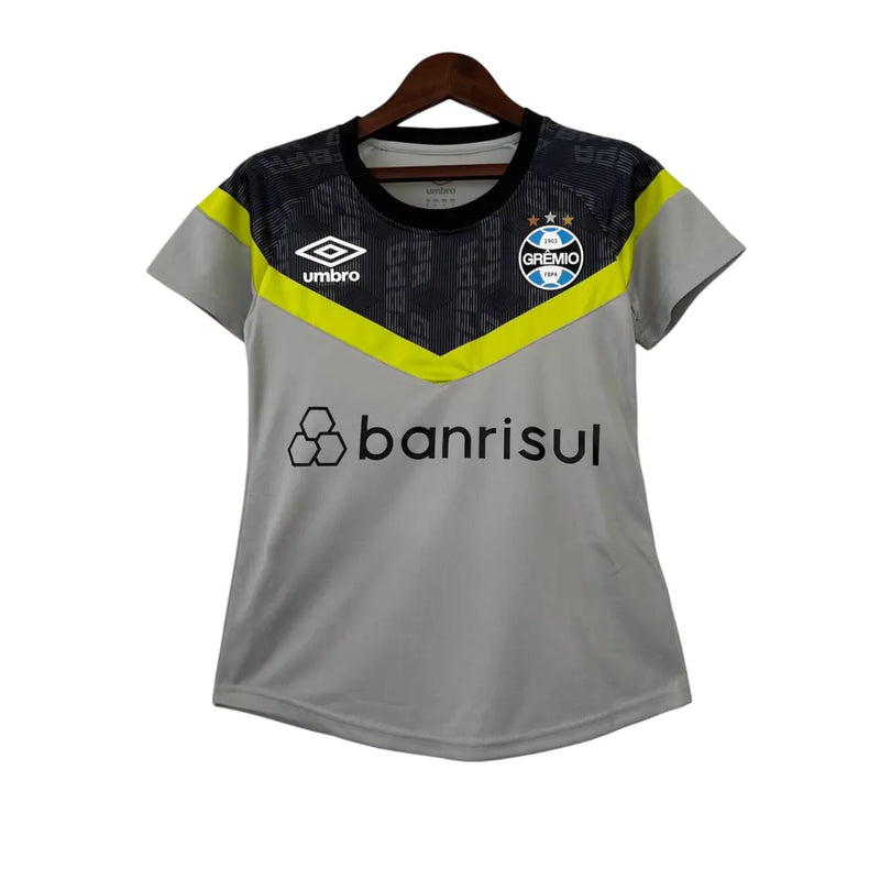 Camisa Grêmio Treino 23/24 - Torcedor Umbro Feminina - Cinza com detalhes em preto e amarelo