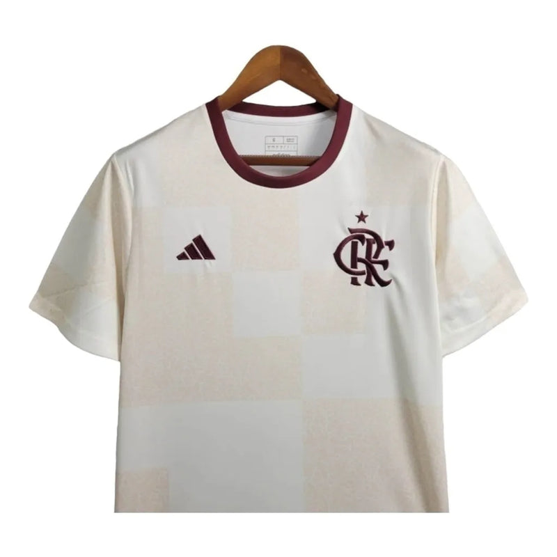 Camisa Flamengo Pré Jogo 2024 - Torcedor Adidas Masculina - Branca com detalhes em bege e vinho