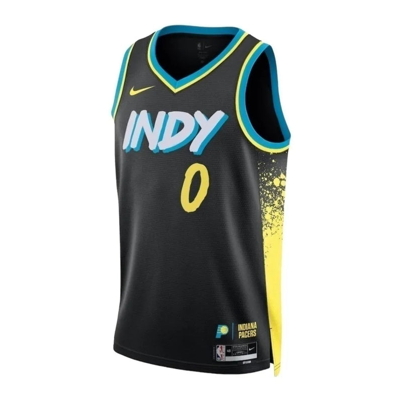 Camiseta Regata NBA Indiana Pacers 23/24 - Masculina Nike - Preta com detalhes em amarelo e azul