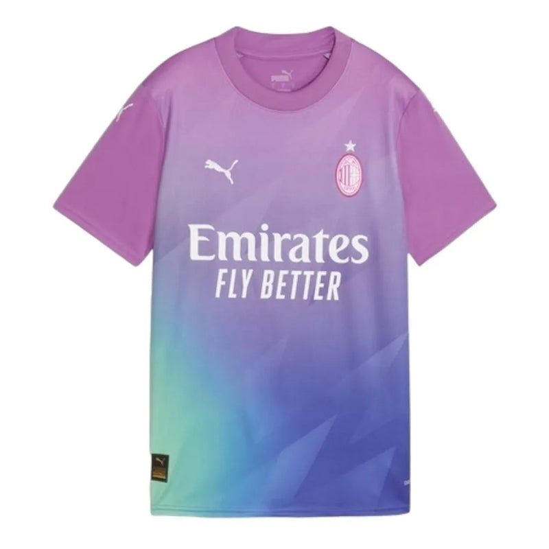 Camisa AC Milan III 23/24 - Torcedor Puma Feminina - Rosa com detalhes em roxo e verde