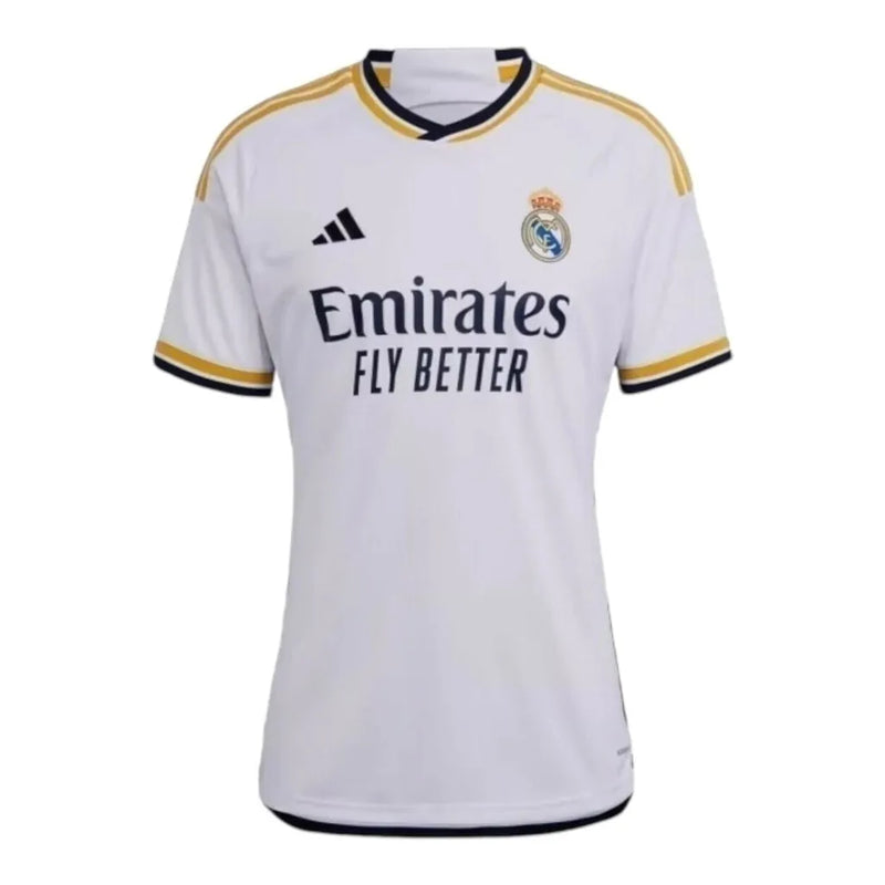 Camisa Real Madrid I 23/24 -Torcedor Adidas Feminina - Branca com detalhes em amarelo e azul