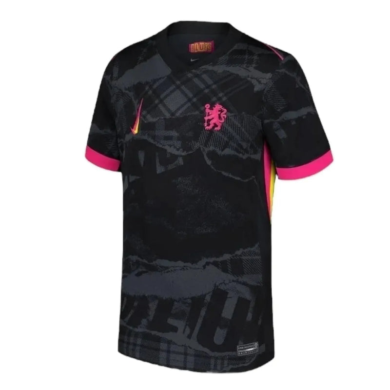 Camisa Chelsea III 24/25 - Torcedor Nike Feminina - Preta com detalhes em rosa e amarelo