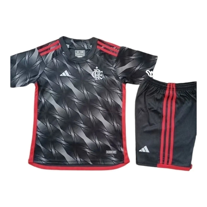 Kit Infantil Flamengo III 24/25 - Adidas - Cinza com detalhes em vermelho