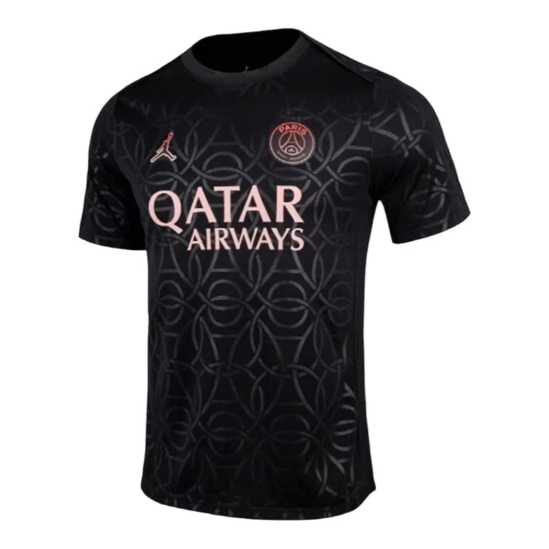 Camisa Paris Saint-Germain Pré-jogo 24/25 - Torcedor Jordan Masculina - Preta com detalhes em cinza e rosa