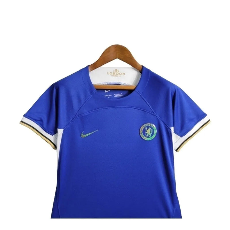 Camisa Chelsea I 23/24- Torcedor Nike Feminina - Azul com detalhes em preto e amarelo e branco