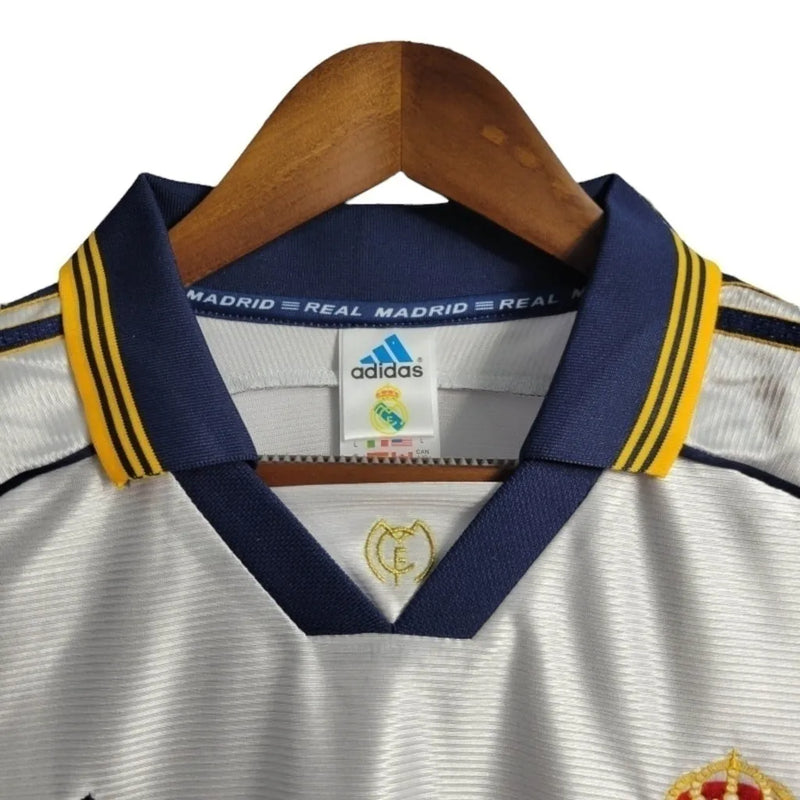 Camisa Retrô Real Madrid I 98/00 - Masculina Adidas - Branca com detalhes em azul e amarelo