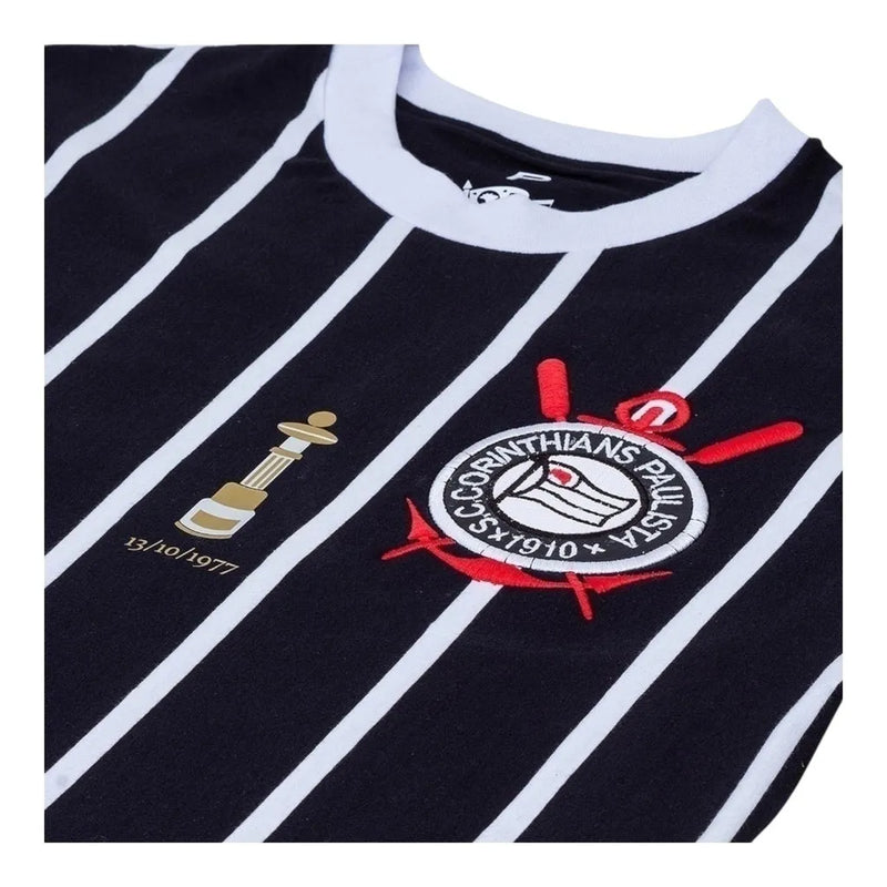 Camisa Retrô Corinthians Edição especial 1977 - Masculina - Preta com listras brancas