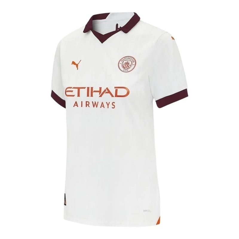 Camisa Manchester City II 23/24 - Torcedor Puma Feminina - Branca com detalhes em vinho