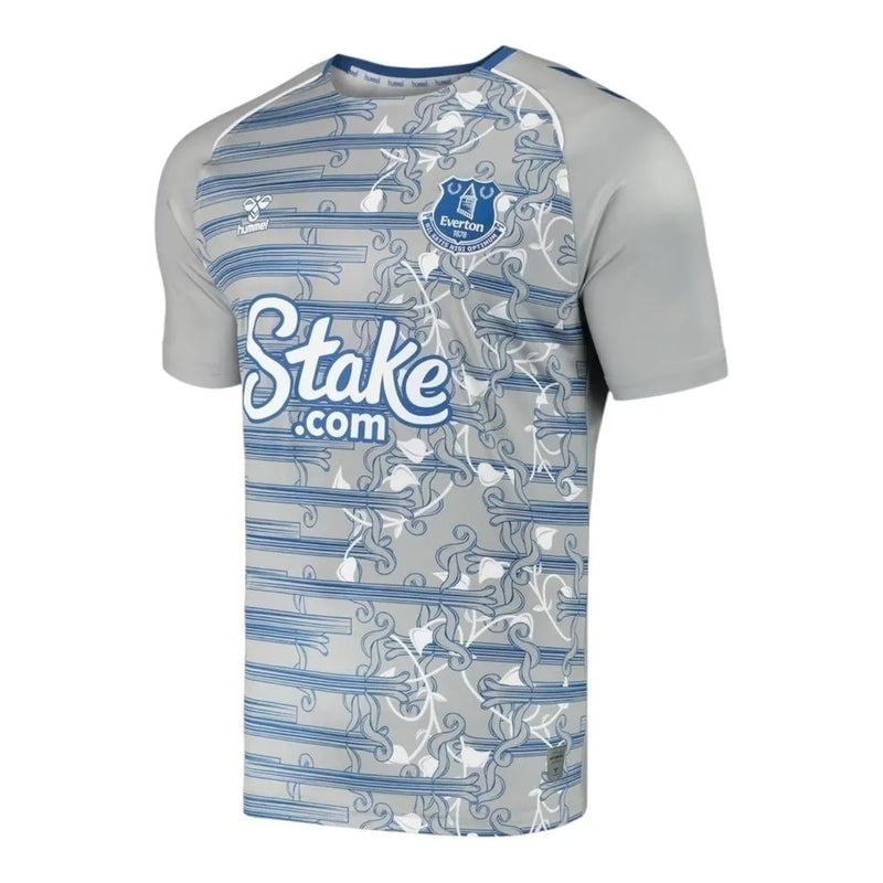 Camisa Everton Pré-jogo 23/24 - Torcedor Hummel Masculina - Cinza com detalhes em azul