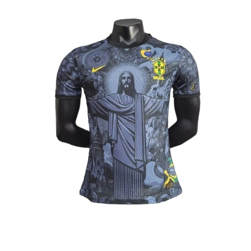 Camisa Seleção Brasileira Edição especial - Jogador Nike Masculina - Preta com desenho do Cristo Redentor em azul